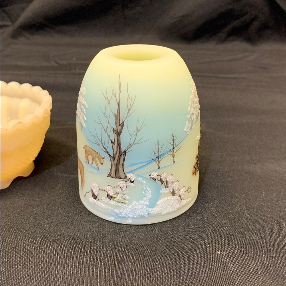 1979 Han Painted by S. Hart Fairy Lamp Winter Scene Snow Deer Fenton NO CHIPS. - Picture 9 of 10